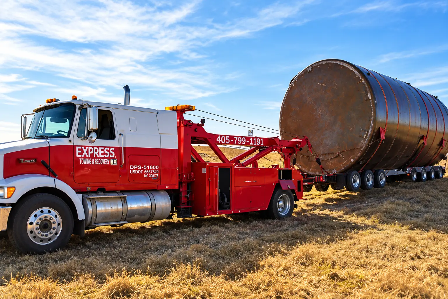 Express heavy wrecker hauling a large steel tank on a trailer through open fields