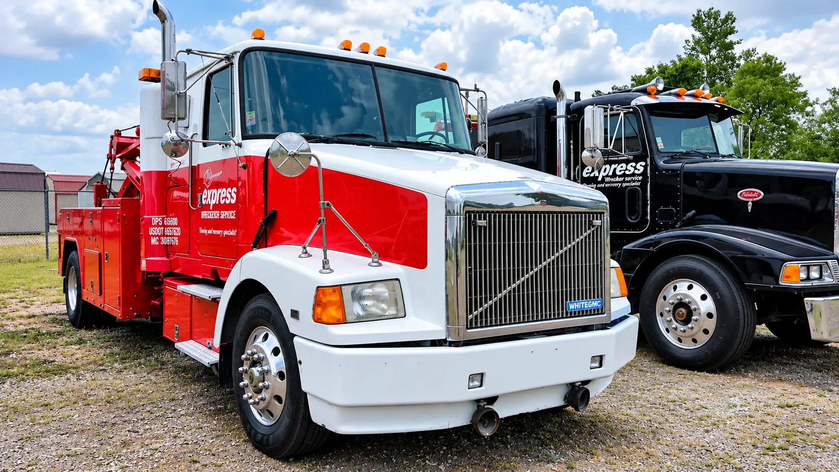 White and red Express wrecker truck beside a black Express truck in the yard