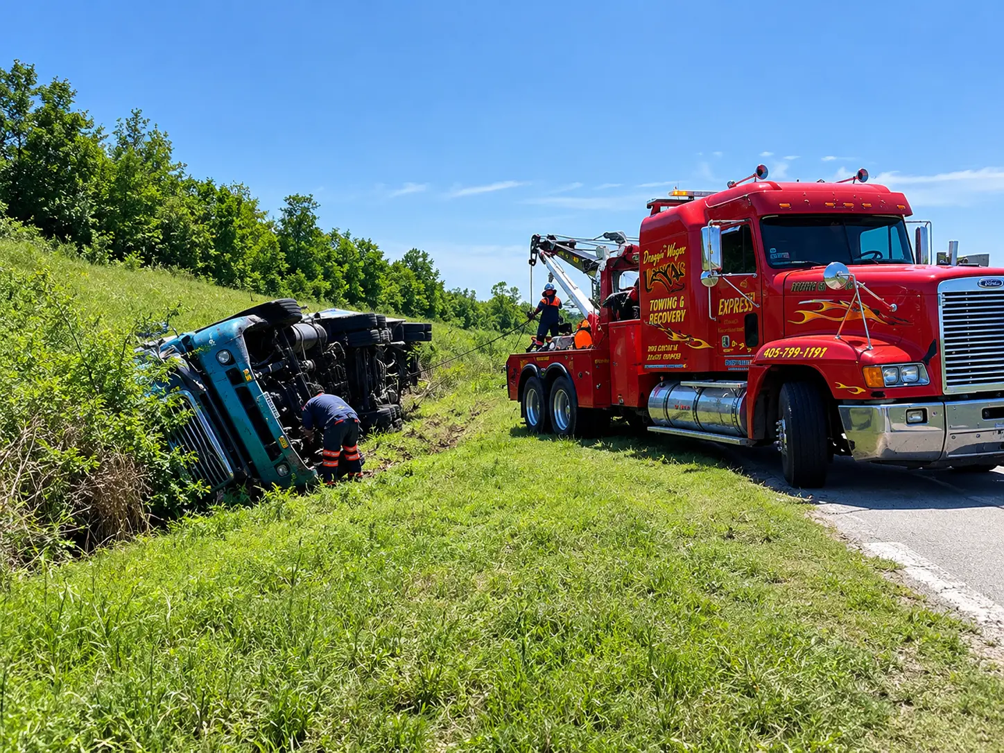 Express wrecker recovering an overturned dump truck in a grassy ditch