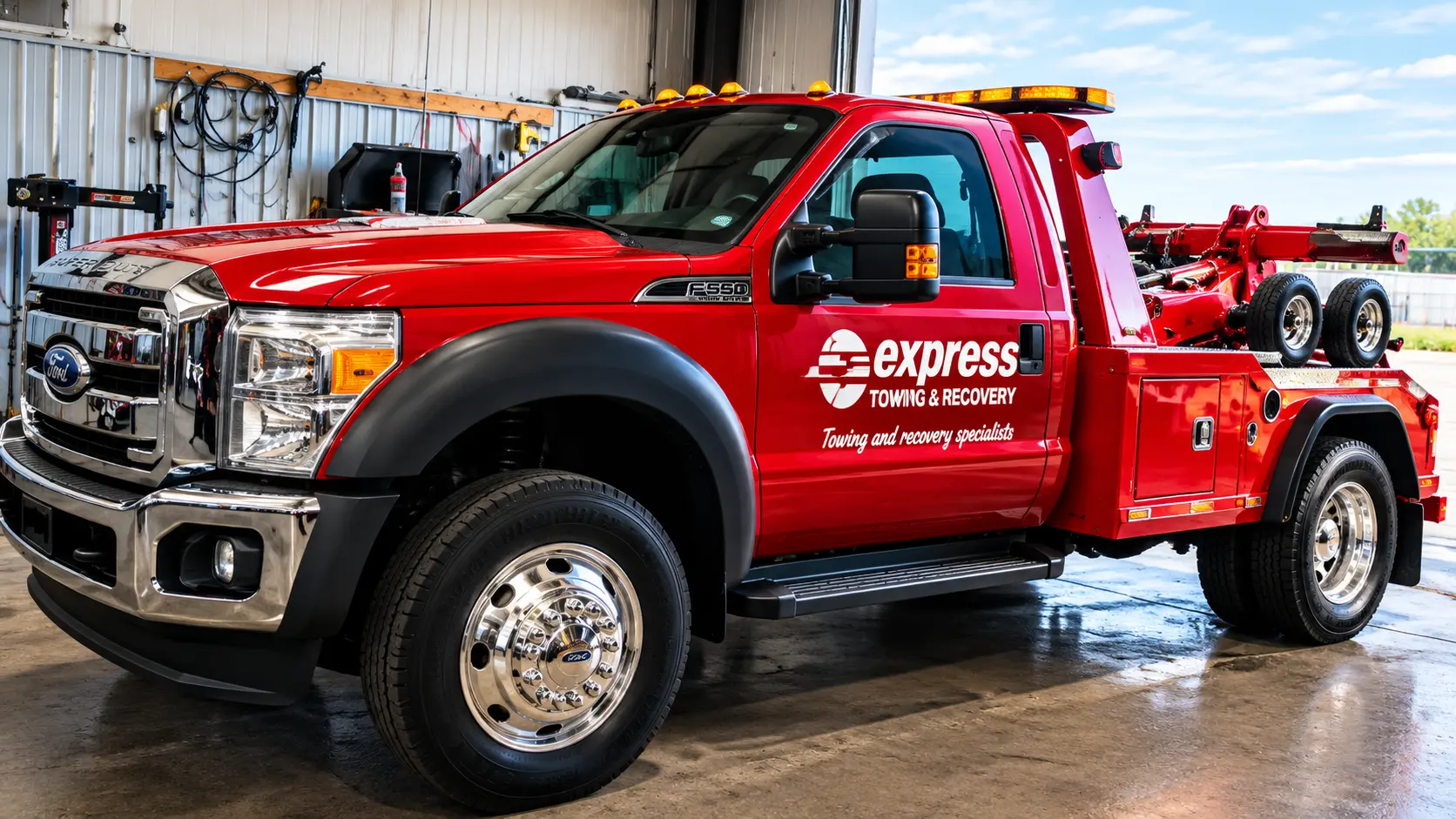 Red Express Wrecker Service tow truck parked in the shop bay