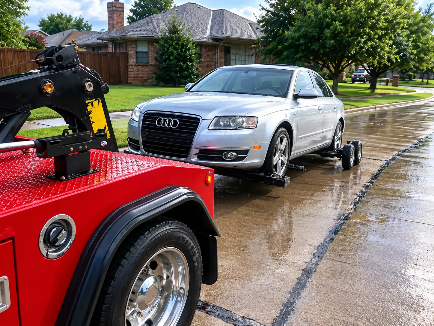 Silver sedan secured to an Express wrecker's wheel lift on a wet residential street