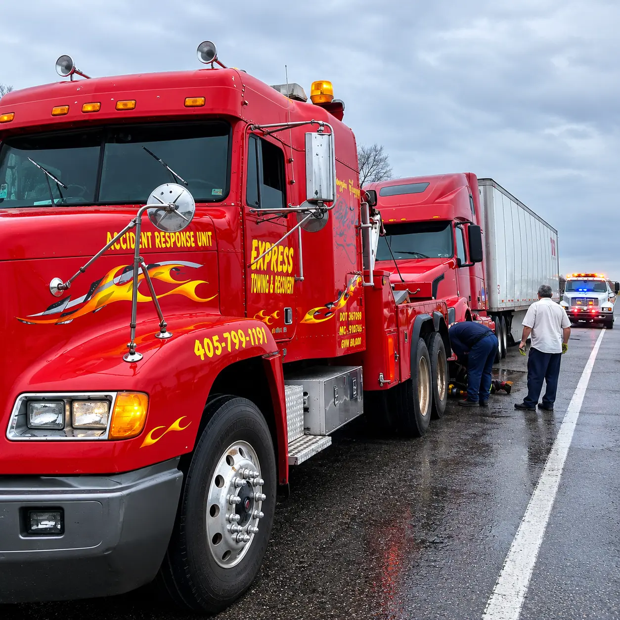 Express Wrecker Service operators hooking up a commercial truck on a rainy highway