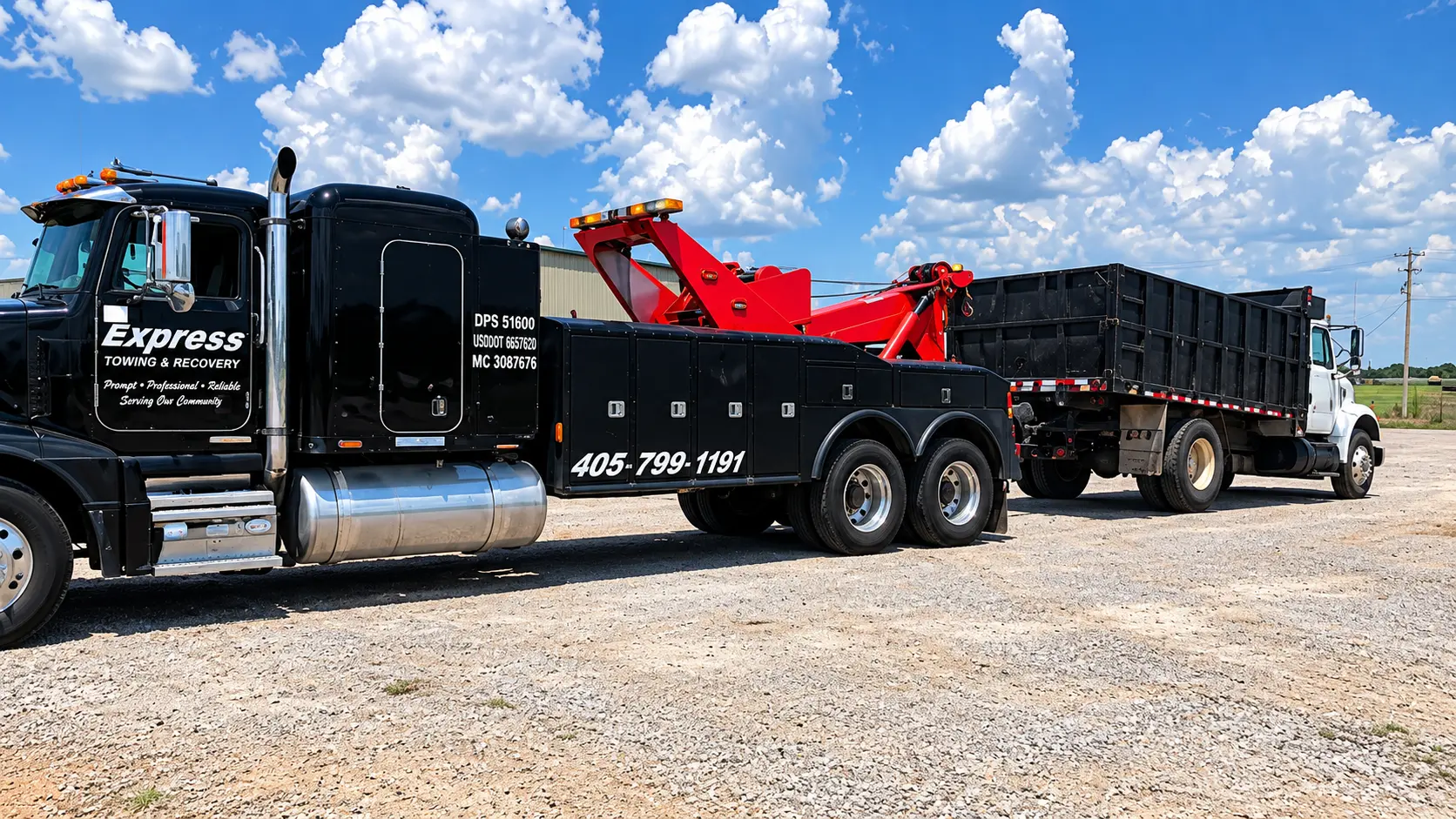 Black Express wrecker towing a dump truck across a gravel lot