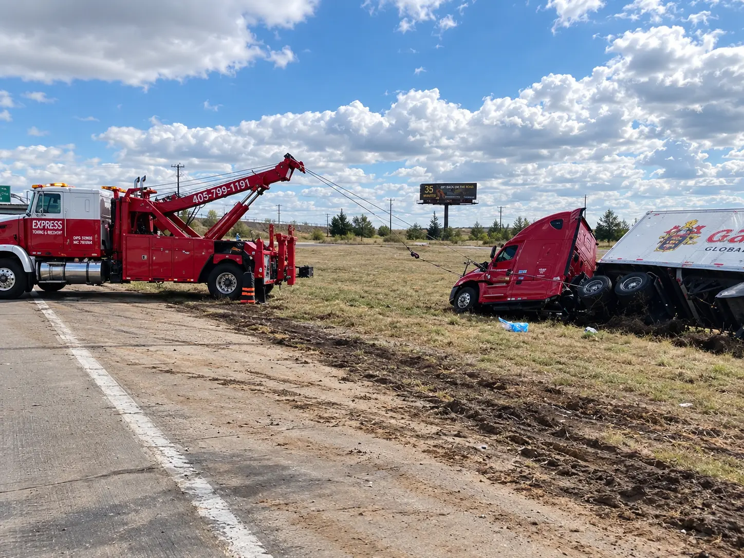 Express Wrecker Service heavy wrecker recovering an overturned semi truck on the highway shoulder